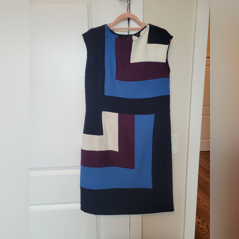Ann Taylor size 14 dress with geometric patterns in blue, white, navy & purple